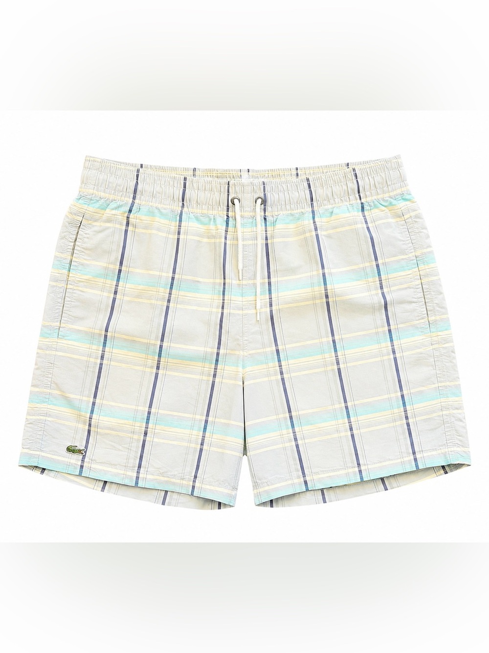 Lacoste Men's Plaid Swim Trunks in Light Blue, Cream & Yellow